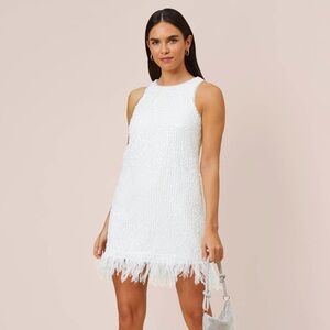 Aidan Aidan Mattox White Ivory Halter Sequined Faux Feather Trapeze Dress Sz 2